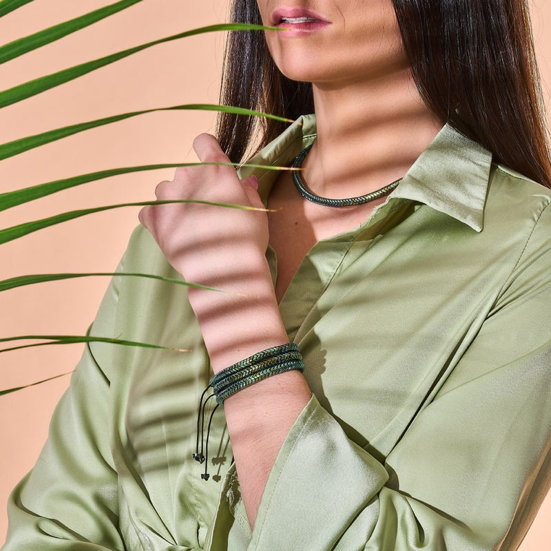 Serpentine | Emerald Hematite x Silver | Double Wave Bracelet