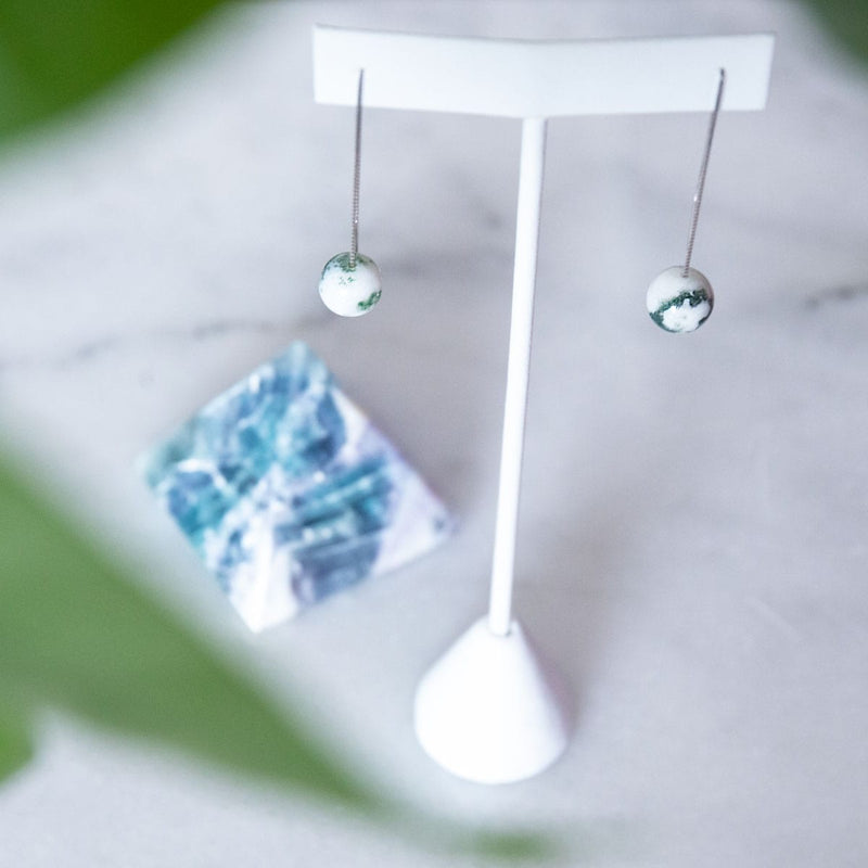 Tree Agate | .925 Sterling Silver | Chain Drop Threader Gemstone Earrings
