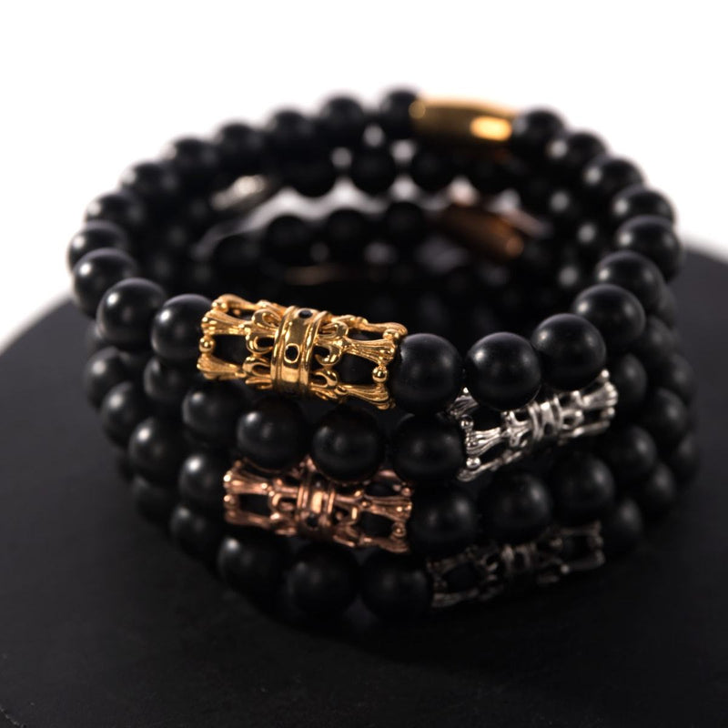 18k Gold Crown | Matte Black Agate | Kingdom Bead Bracelet | Men's