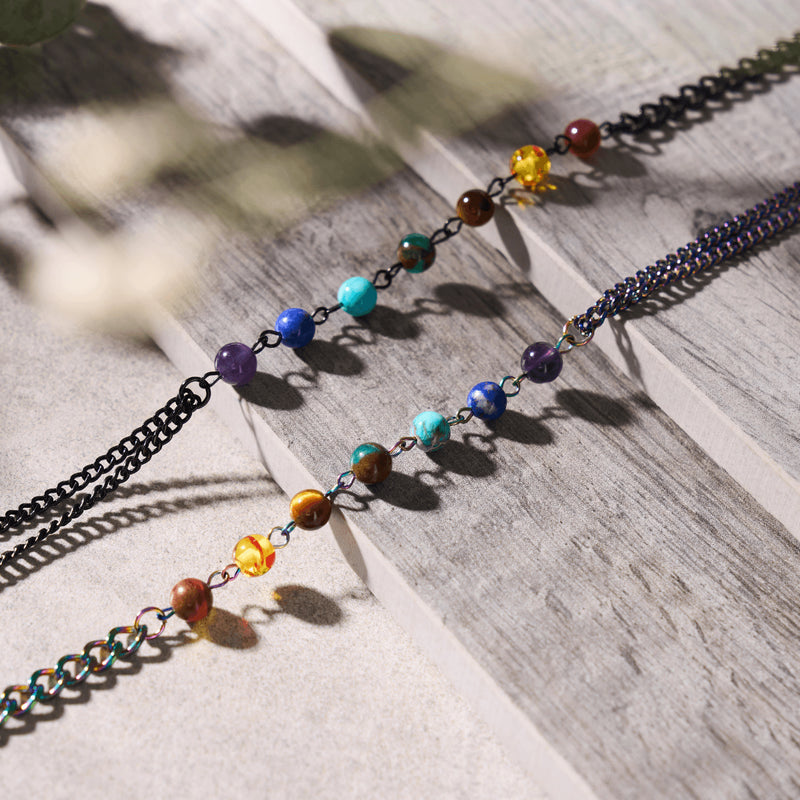 Rainbow Chakra | 7 Gemstone Chain Anklet | Gunmetal