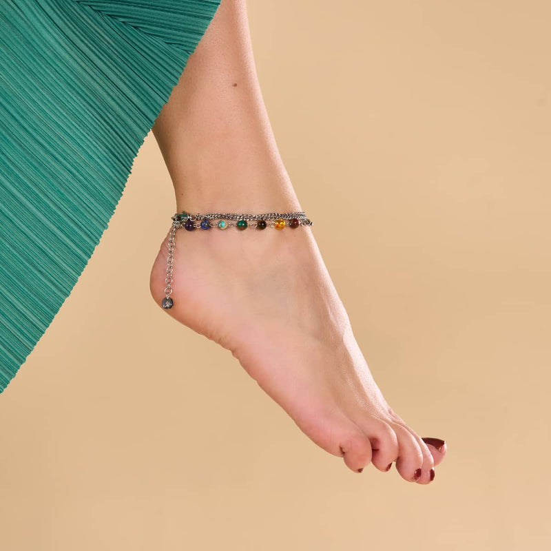 Rainbow Chakra | 7 Gemstone Chain Anklet | Silver