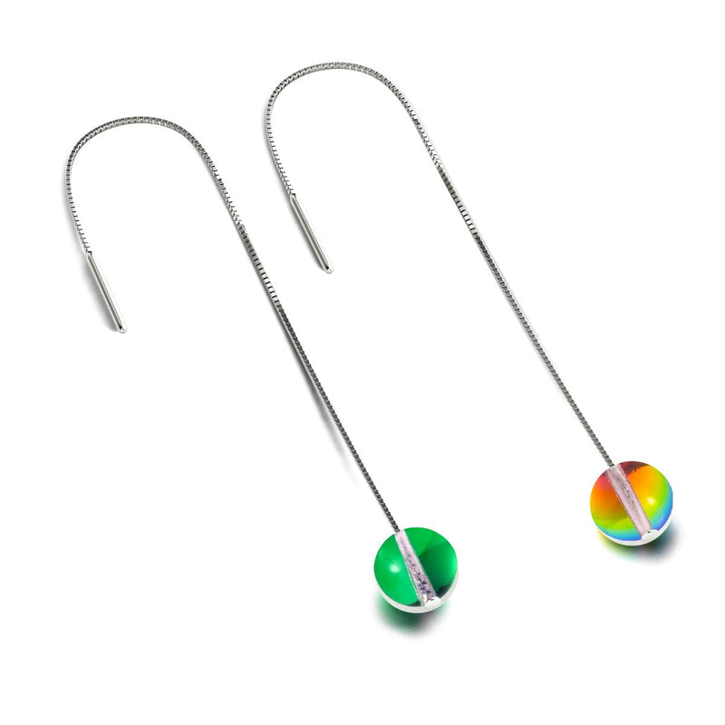 Emerald Moon | .925 Sterling Silver | Galaxy Glass Chain Drop Threader Earrings