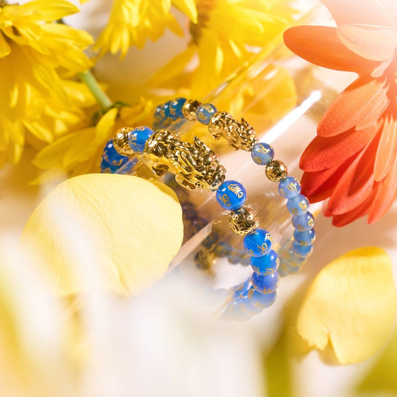 Pixiu Feng Shui Bracelet | WATER Element | Blue Agate x 18k Gold