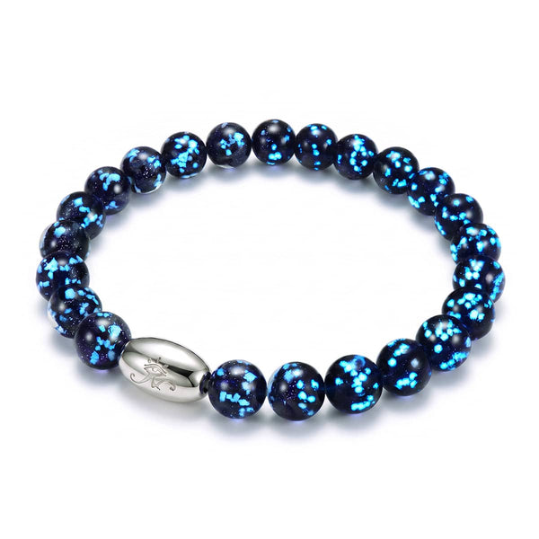 Pitch Black sterling silver bracelet with round black Firefly glass beads flecked in vivid blue and a polished silver clasp.