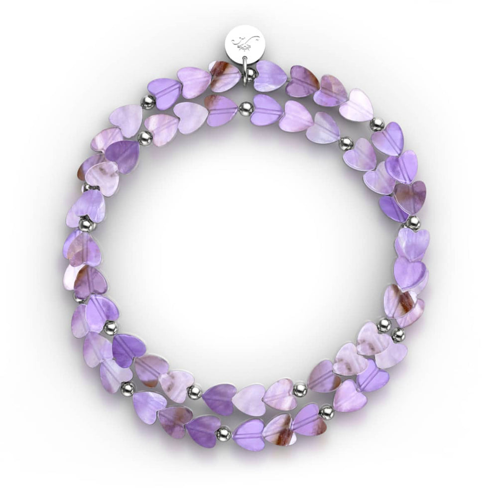 Amethyst | heart shaped purple amethyst beads on stretch cord with white gold charm, .925 sterling silver by NOGU