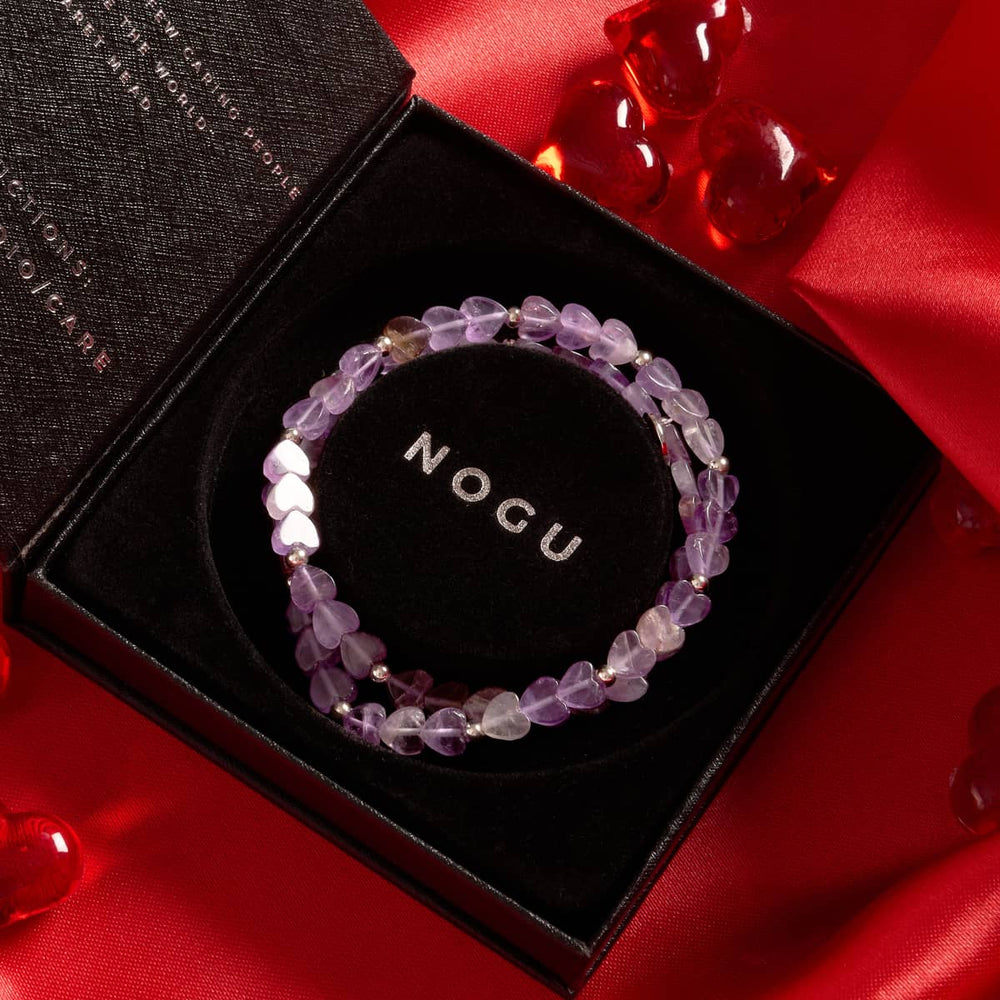 Amethyst | heart-shaped purple amethyst bead wrap bracelet with silver beads in black jewelry box, .925 sterling silver by NOGU