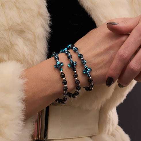 Obsidian | Silver | Firefly Glass Cross Bracelet