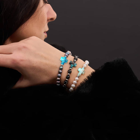 Obsidian | Silver | Firefly Glass Cross Bracelet