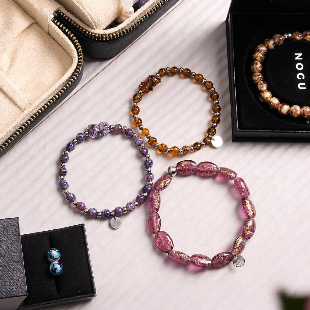 NOGU.studio - NOGU - Firework Glass Bracelets - Amethyst Spark | .925 Sterling Silver | Firework Glass Pebble Bracelet