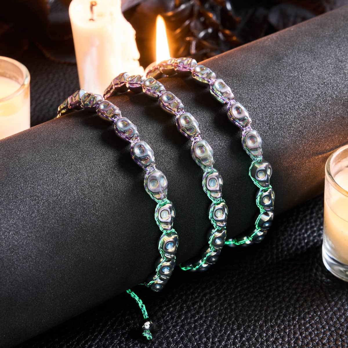 Elysian Waves | Iced Silver Skulls x Violet GloWeave | Macrame Bracelet