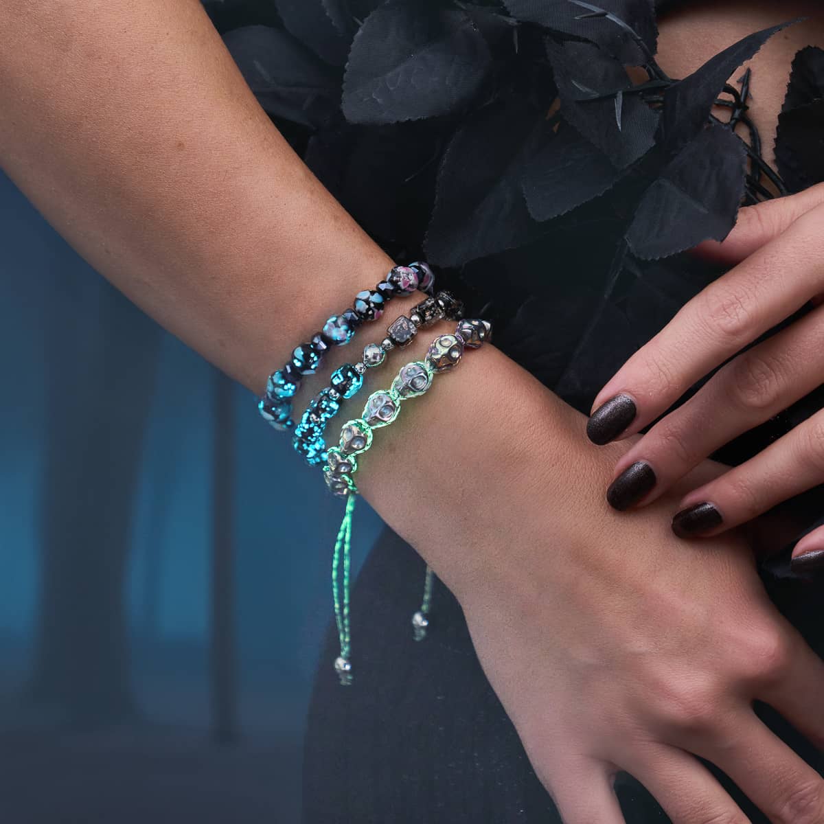 Elysian Waves | Iced Silver Skulls x Violet GloWeave | Macrame Bracelet
