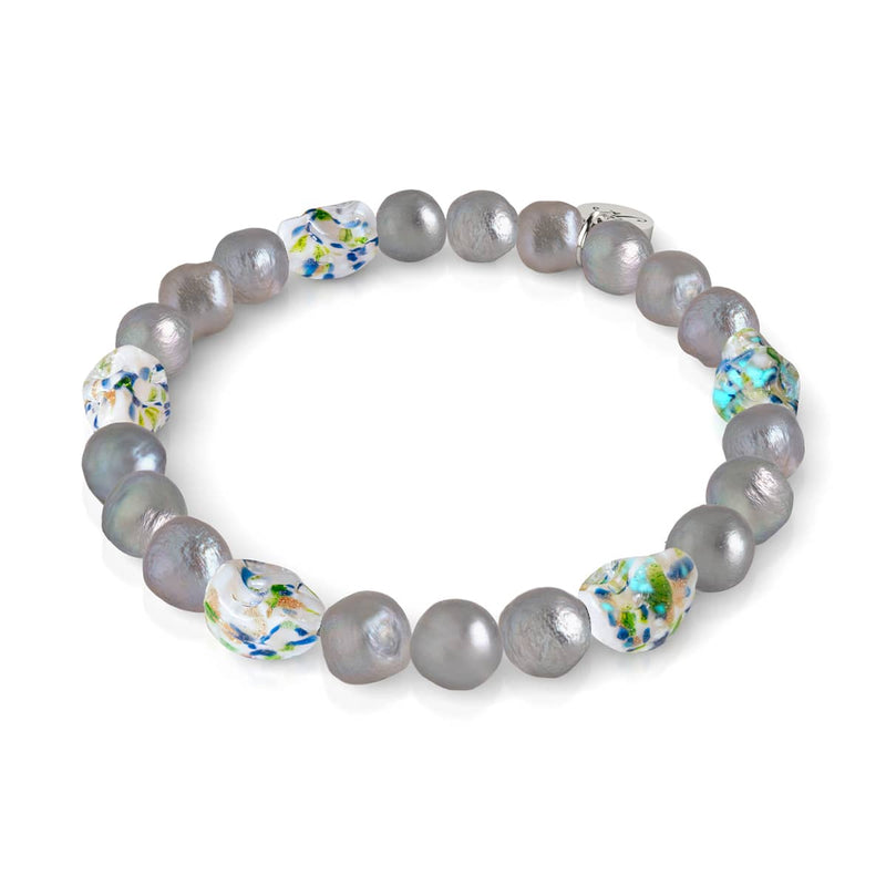 Ethereal Gloom | .925 Sterling Silver | Opal Silver Freshwater Pearl x Firefly Glass Skull Bracelet