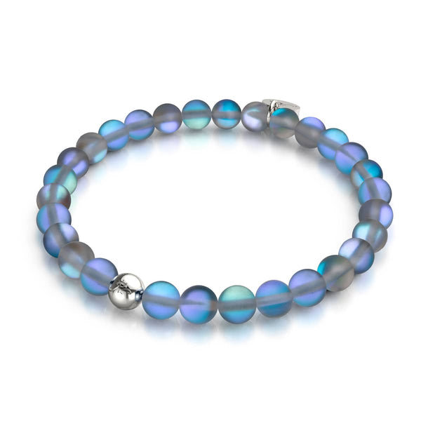 グレーシルバーMermaid Glassビーズブレスレットで、6mmの虹色ビーズが透明な弾性コードに付けられ、ステンレス製ベースがNOGU
