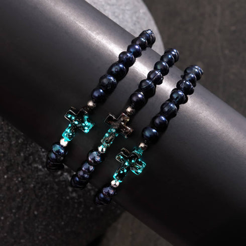 Joan of Arc | .925 Sterling Silver | Obsidian Firefly Glass x Black Freshwater Pearl Cross Bracelet