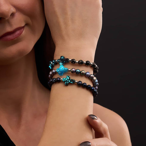 Joan of Arc | .925 Sterling Silver | Obsidian Firefly Glass x Black Freshwater Pearl Cross Bracelet
