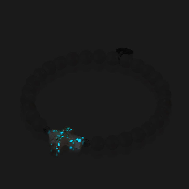 St. Amanda | .925 Sterling Silver | Alabaster Firefly Glass x Ivory Freshwater Pearl Cross Bracelet