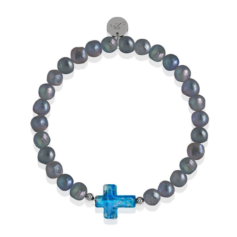St. Ambrosia | .925 Sterling Silver | Turquoise Firefly Glass x Holographic Freshwater Pearl Cross Bracelet