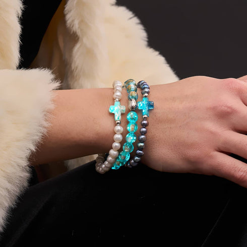 St. Ambrosia | .925 Sterling Silver | Turquoise Firefly Glass x Holographic Freshwater Pearl Cross Bracelet