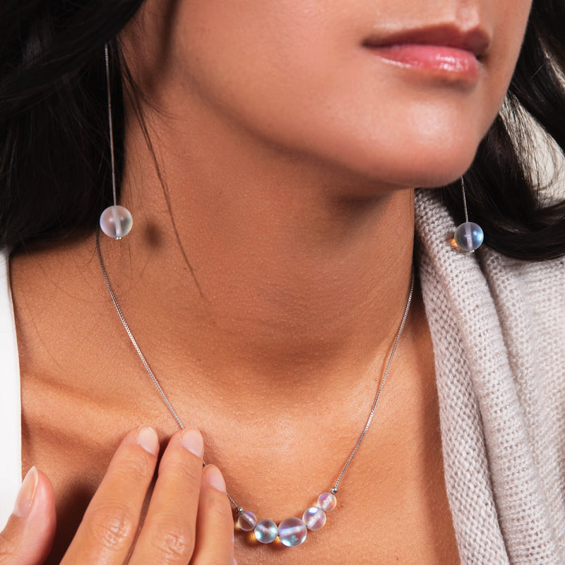 Rainbow White | .925 Sterling Silver | Mermaid Glass Chain Drop Threader Earrings