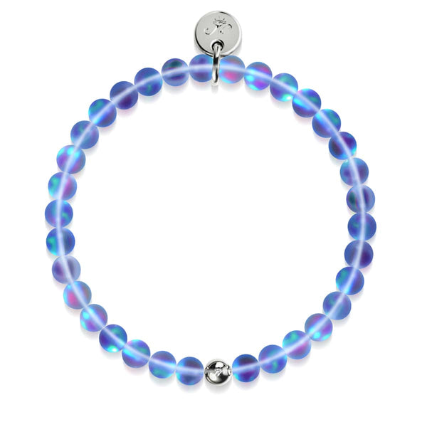 Sapphire silver mermaid glass bead bracelet with 6mm blue iridescent beads and silver charm by NOGU