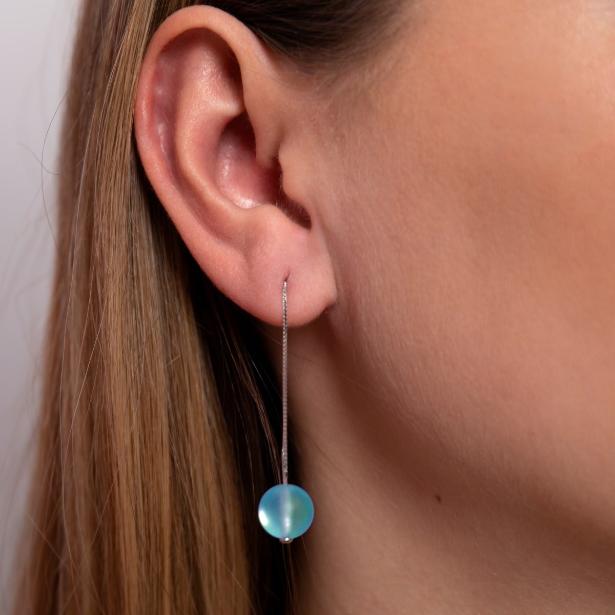 NOGU Aquamarine .925 Sterling Silver Mermaid Glass Chain Drop Threader Earrings