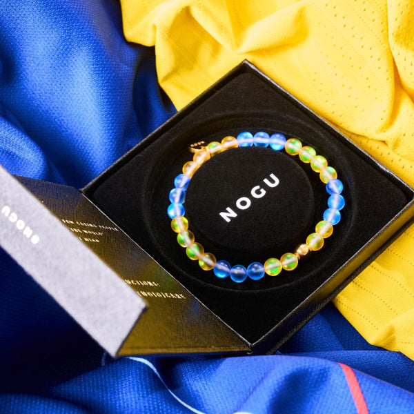 SWEDEN Mermaid Glass Nations Bracelet with 6mm iridescent beads and gold stainless steel bead in black box by NOGU
