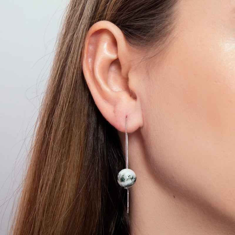 Tree Agate | .925 Sterling Silver | Chain Drop Threader Gemstone Earrings