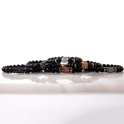 18k Rose Gold Lion | Matte Black Agate | Kingdom Bead Bracelet | Men's