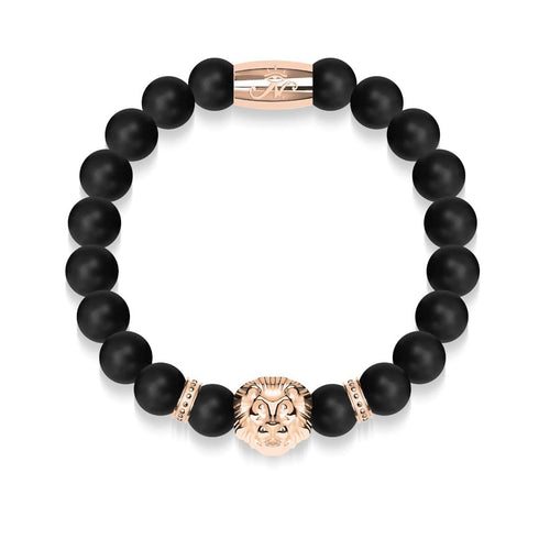 18k Rose Gold Lion | Matte Black Agate | Kingdom Bead Bracelet | Men's